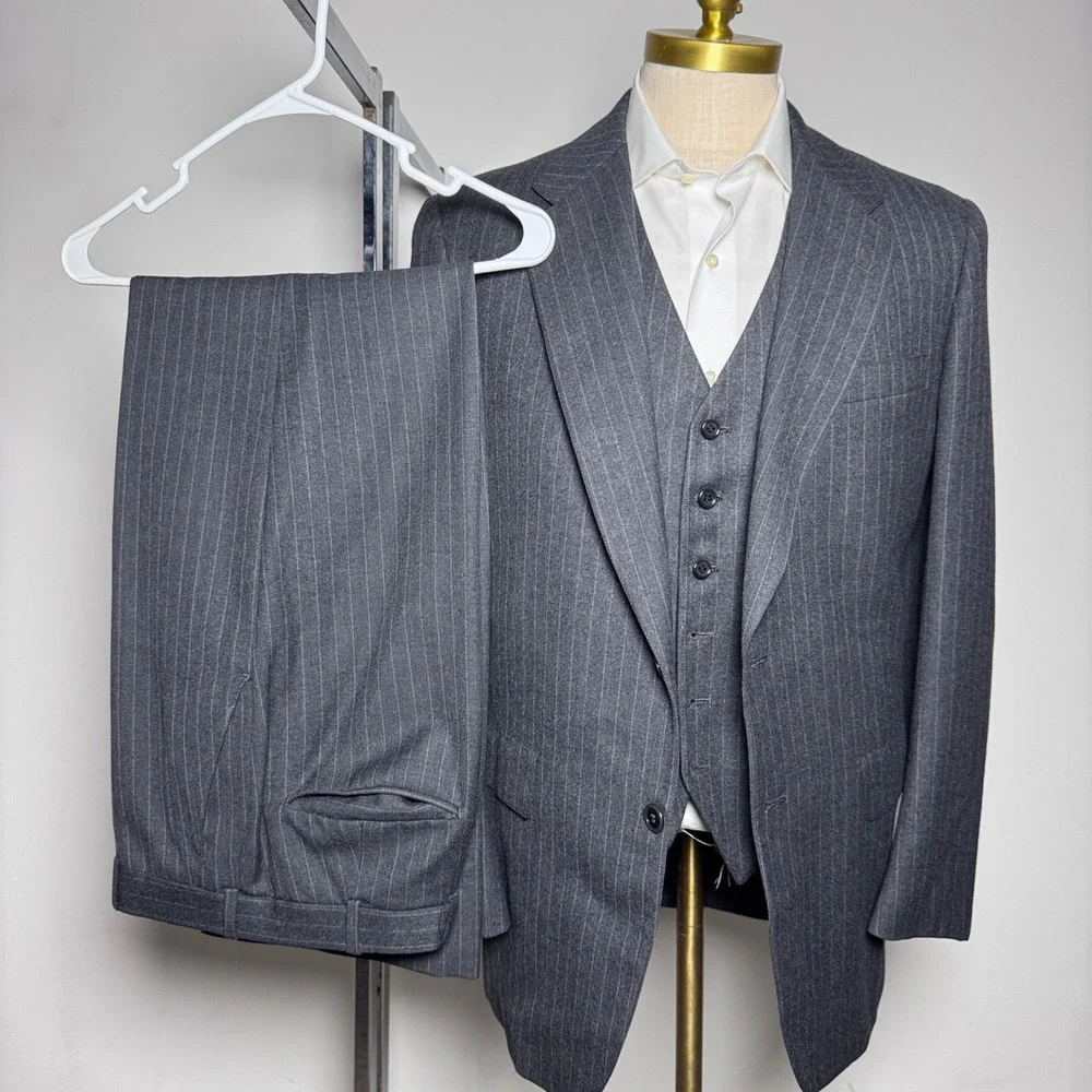 1980s The English Shop 3-Piece Suit Mens 40L 30W Gray Pinstripe Wool Vintage